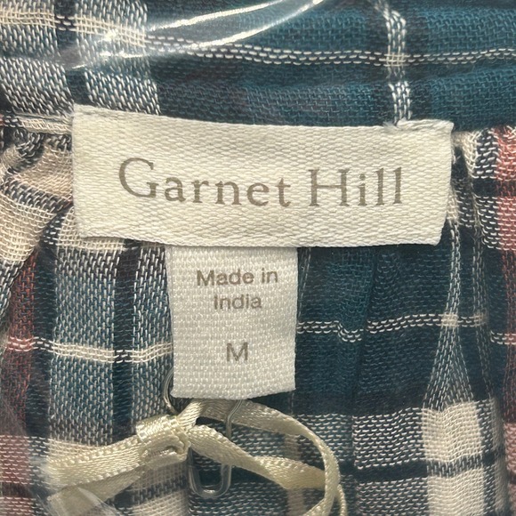 Garnet Hill Teal Gauze Organic-Cotton Plaid Popover Blouse Women Medium NWT - Picture 8 of 11